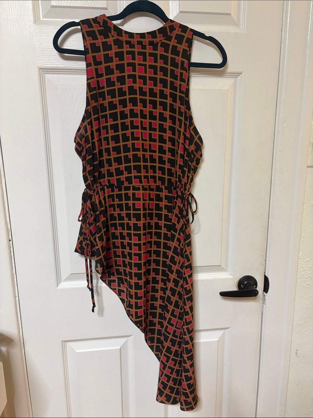 Geometric Print Asymmetric Sleeveless Top - Black & Brown with Pink Accents